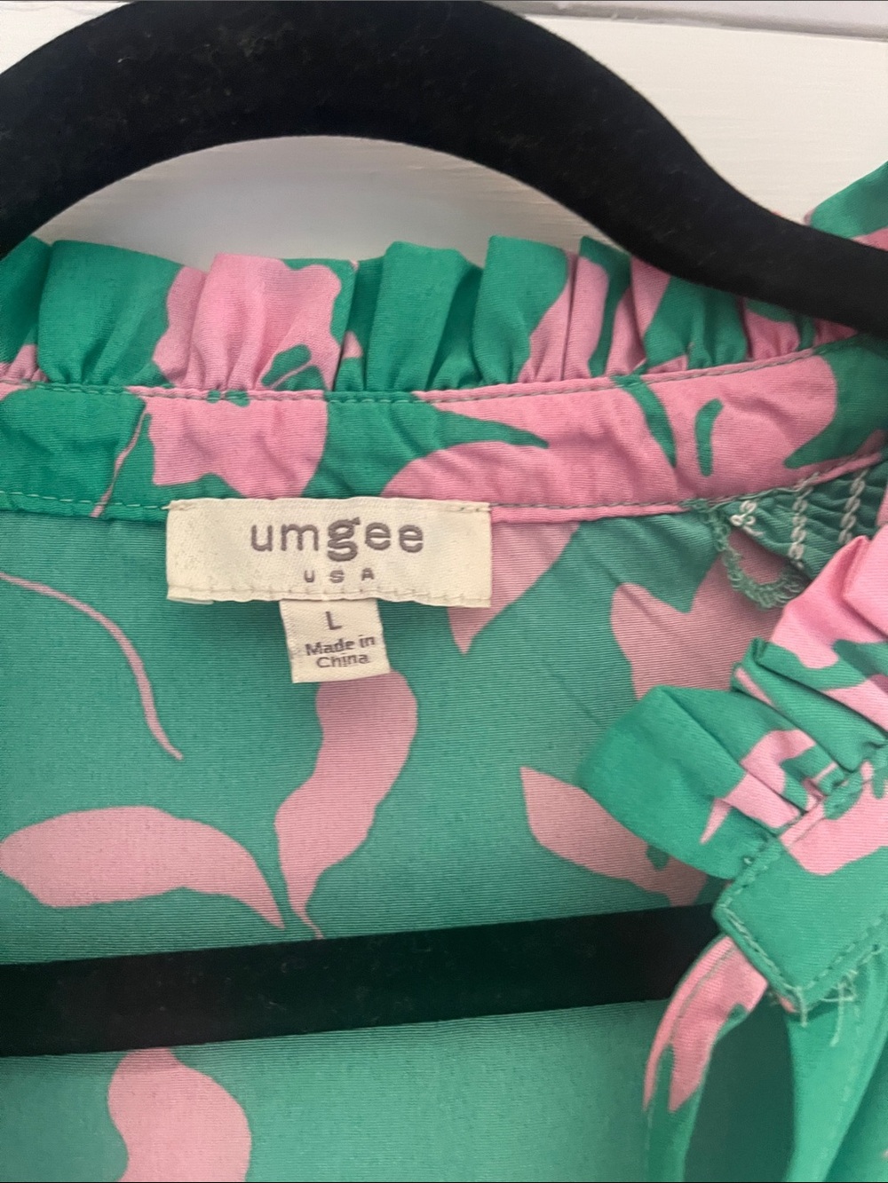 Umgee Pink Floral Green Ruffled Neck Blouse - Picture 2 of 5